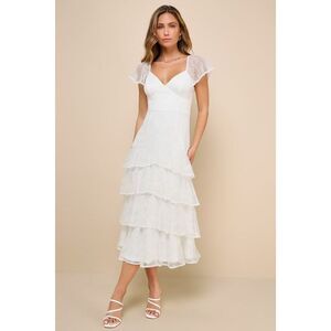 Lulus Graceful Darling White Lace Flutter Sleeve Tiered Midi Dress - Size M